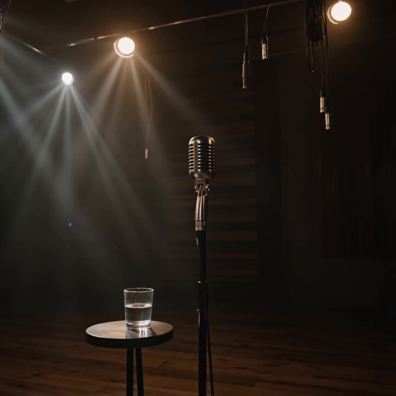 A vintage microphone on a stand in a moody studio lit by warm stage lights