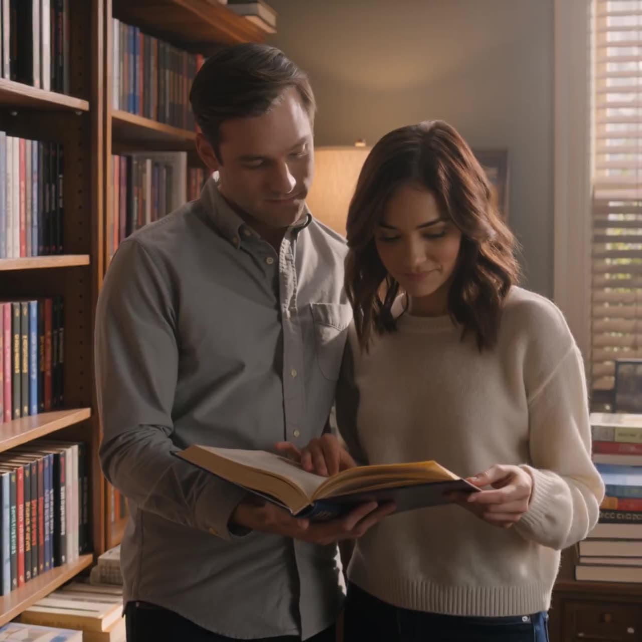 A couple looking at a book together in a warm, cozy living room — a Kling 3.0 generation