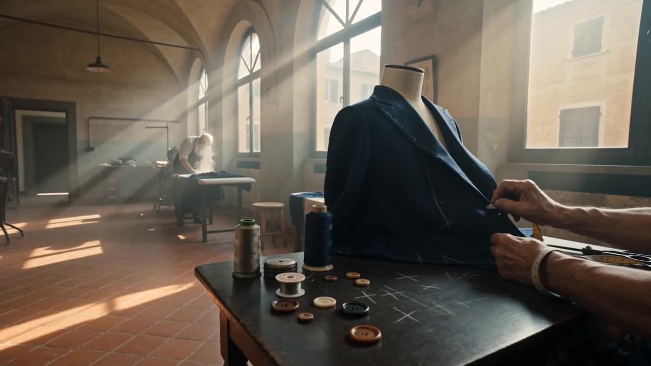 Sunlit Italian tailor's atelier with a navy suit on a mannequin being hand-stitched — a Seedance 2.0 generation