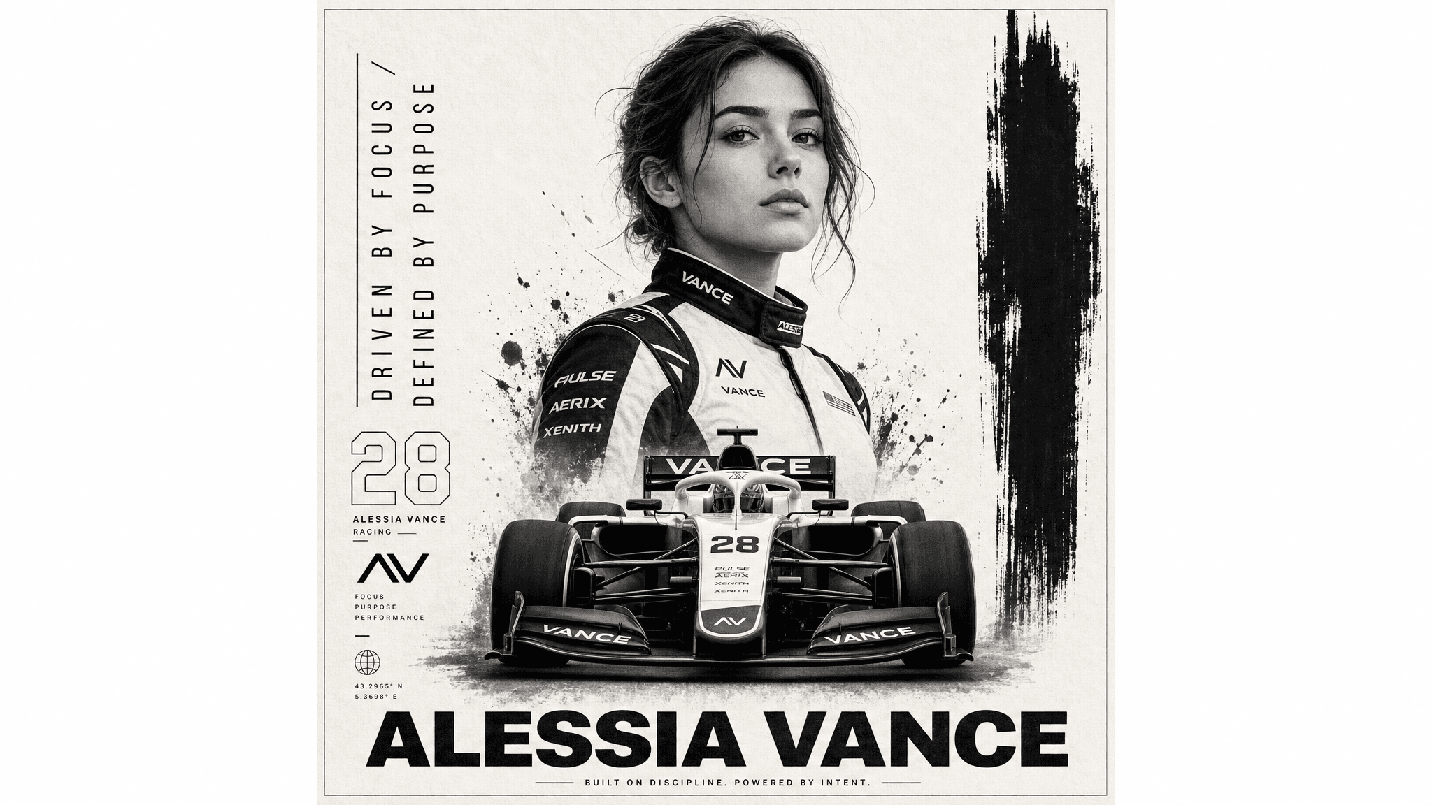 A black-and-white racing poster with clean rendered text and a stylised driver and car