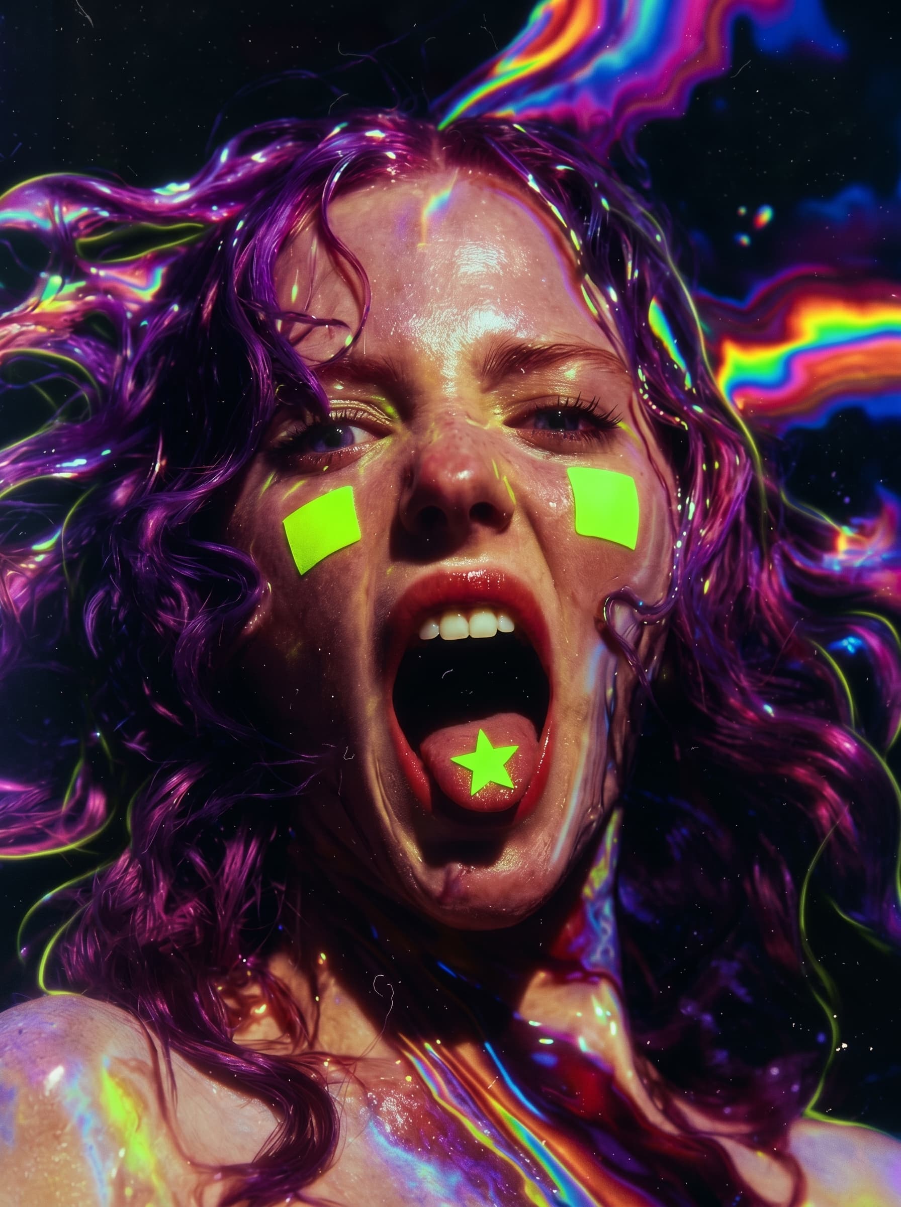 Vivid neon-lit editorial portrait with chromatic rainbow streaks — a GPT Image generation