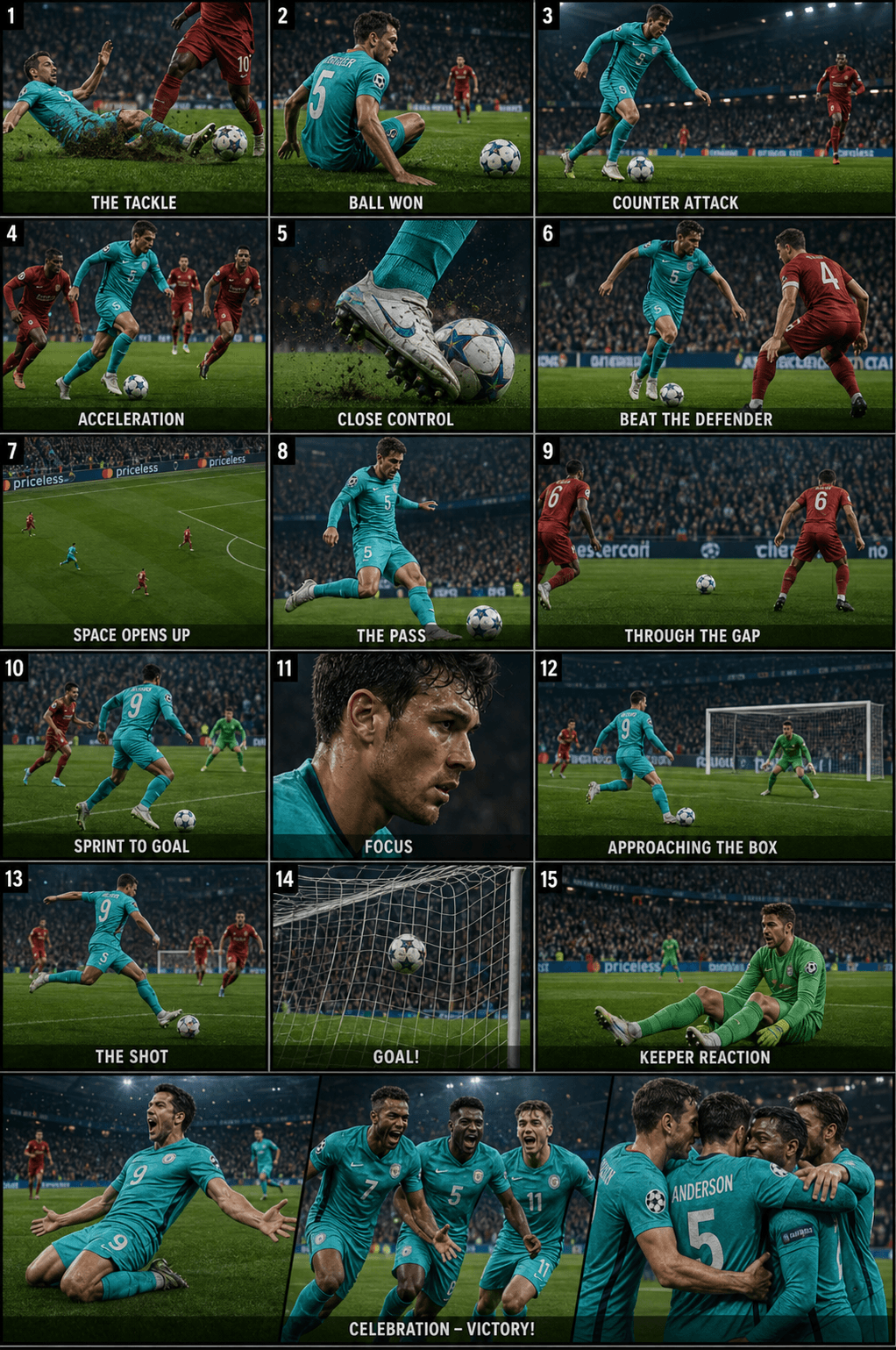 An 18-panel storyboard grid of a football match sequence generated as one image — a GPT Image generation