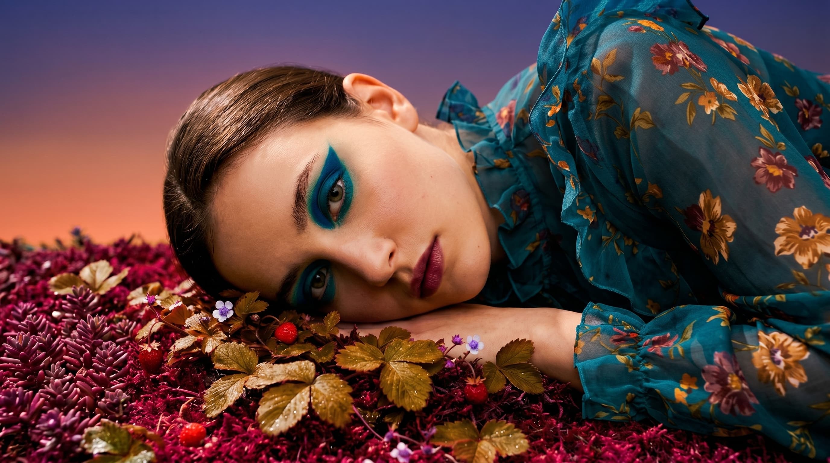 High-fashion editorial portrait of a woman lying in a field of magenta flowers at sunset — a GPT Image generation